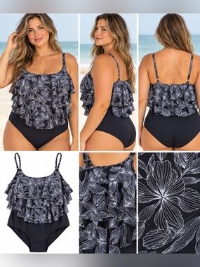HEAT Swimwear Floral Ruffle One Piece Swimsuit Navy Black White 20W